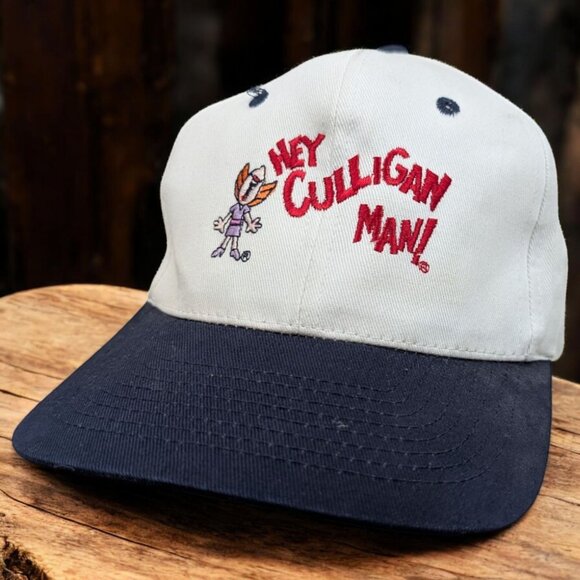 Vintage “HEY CULLIGAN MAN!” Snap Back Hat‎ Cap White Blue OSFM - Picture 1 of 10